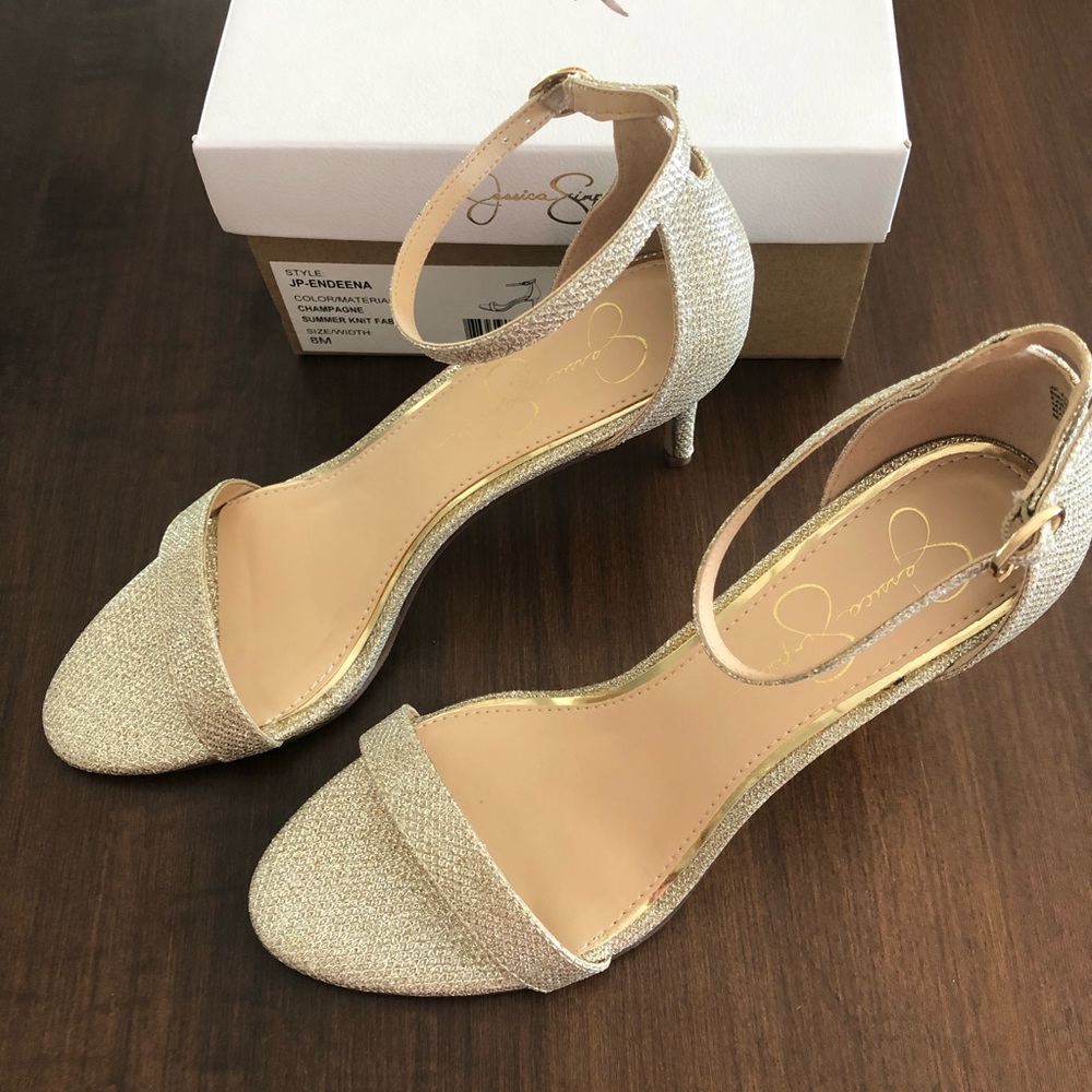 Jessica Simpson Endeena gold ankle strap heels